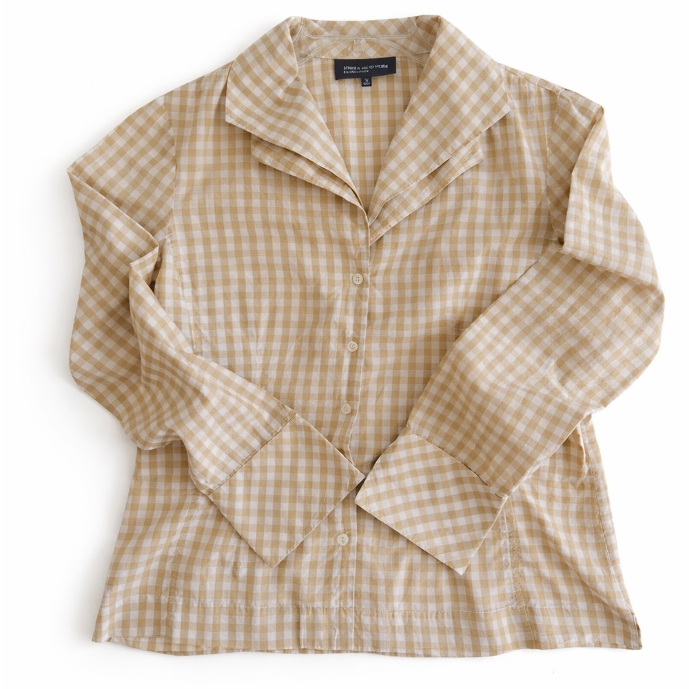 Jones New York Blouse Button-down tan white gingham size 12